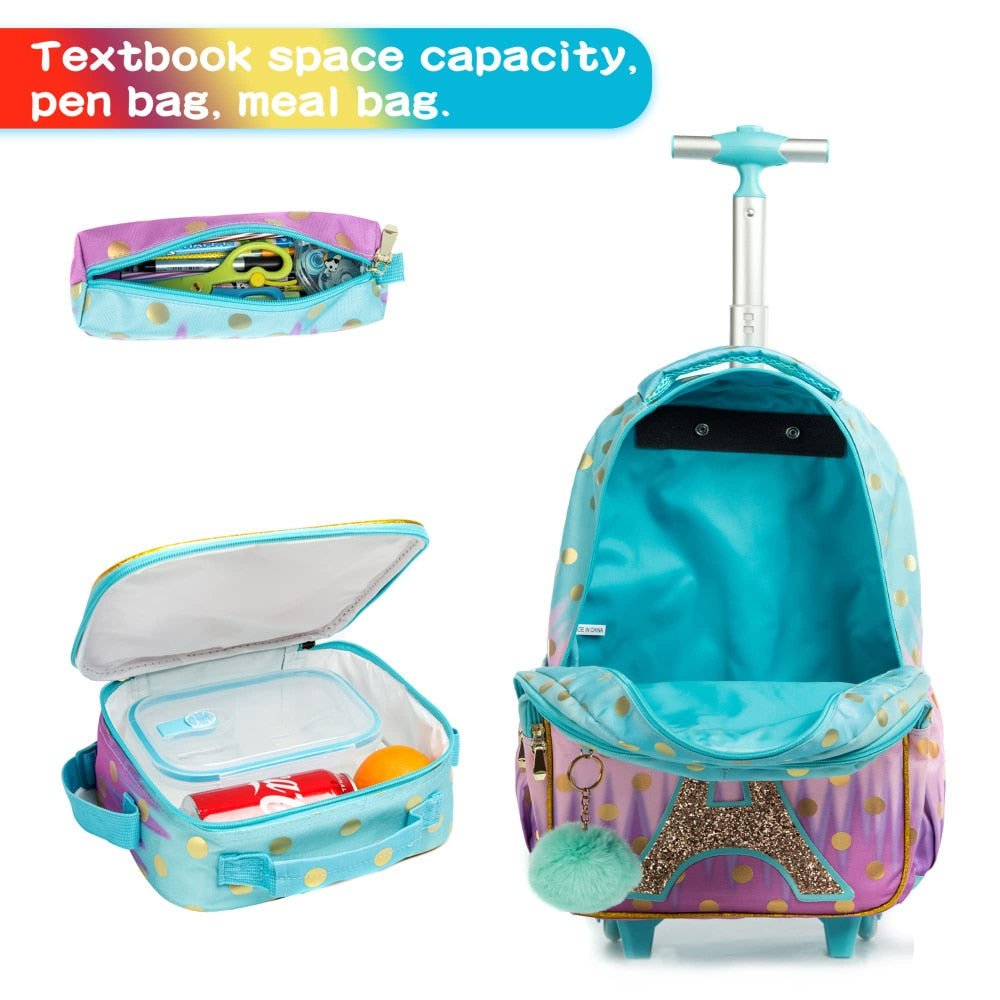 Kids Girls Eiffel Tower Sequins 3Pcs Wheeled School Backpack Set childrensterritory