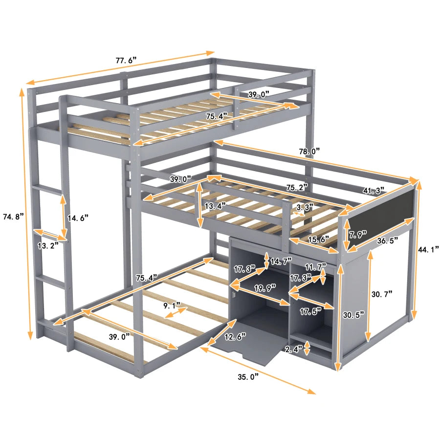 L-shaped Wooden Triple Bunk Bed With a Ladder and Storage Cabinet childrensterritory