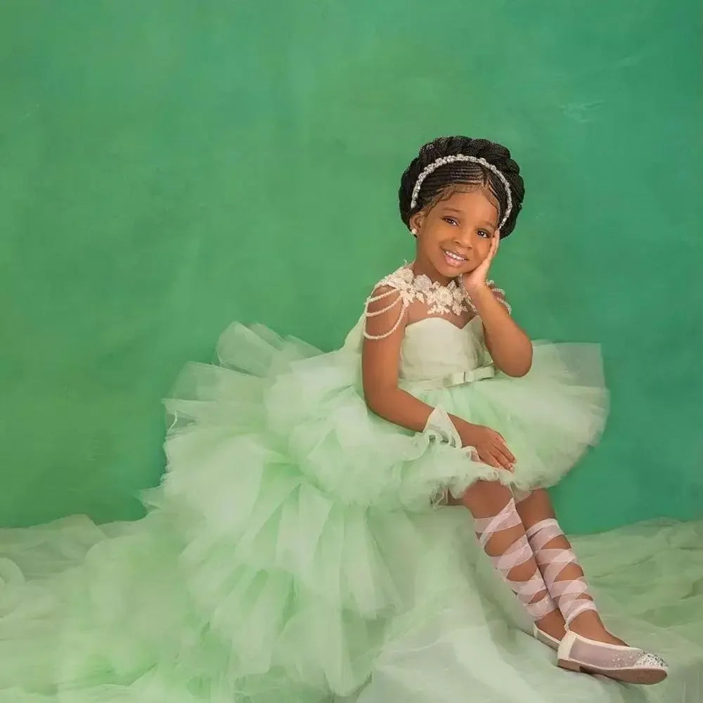 Little Girls Mint Green Tiered High-Low First Communion Gown childrensterritory