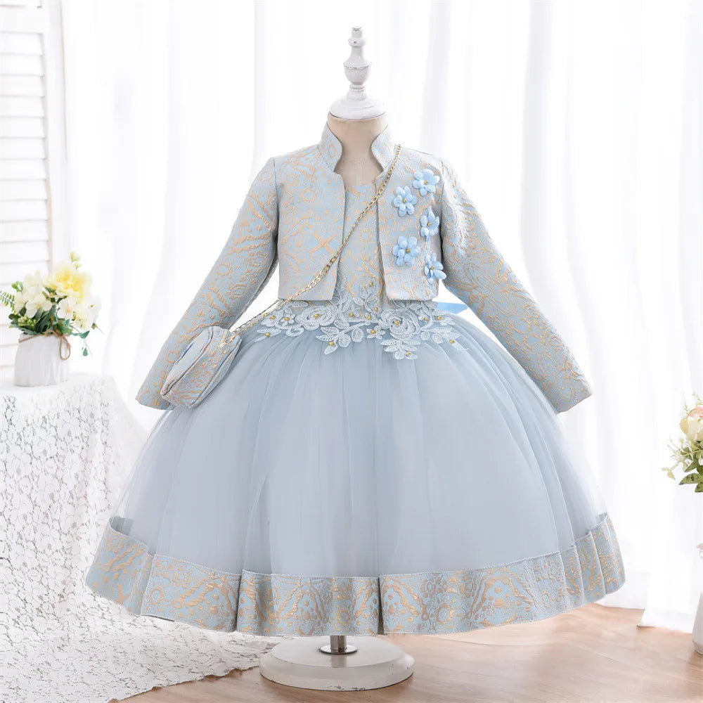 Kids Girls 3pcs/set Jacquard Pattern 3D Appliques Birthday Dresses
