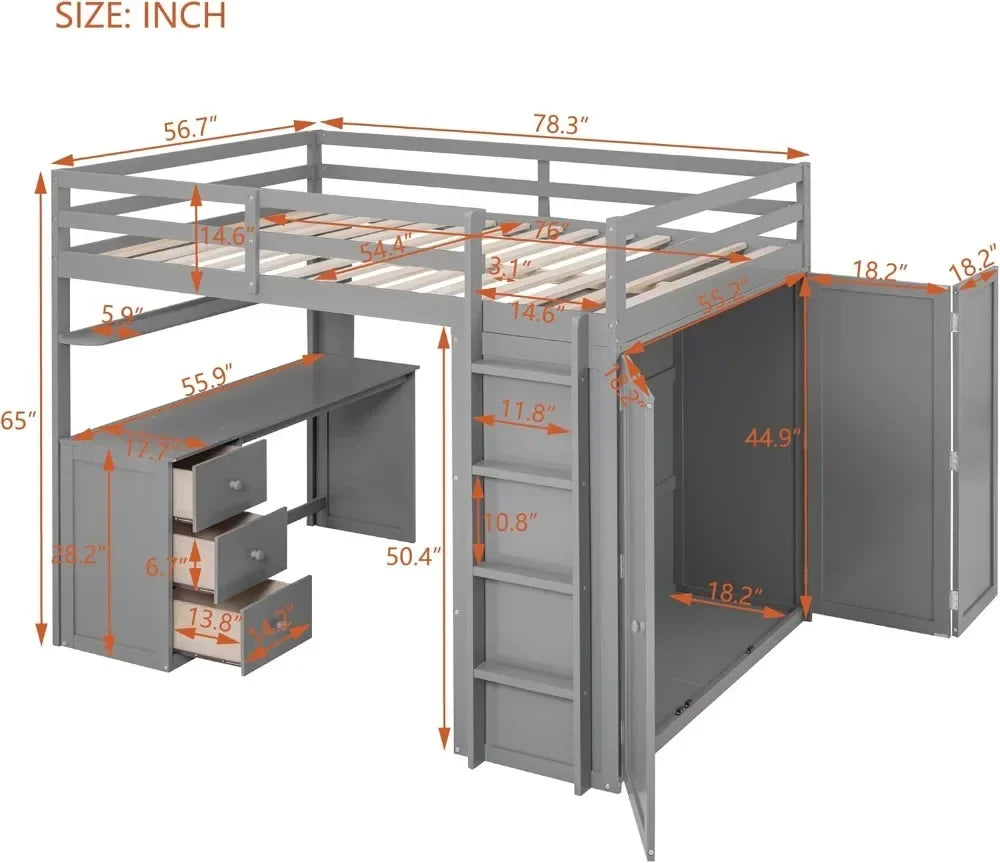 Designer Kids Loft Bed Frame With Storage Drawers