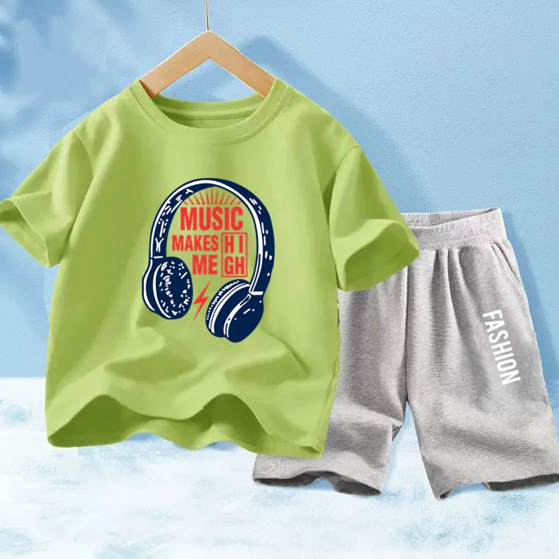 Kids Boys Music Headset Print T-shirt and Shorts Set childrensterritory