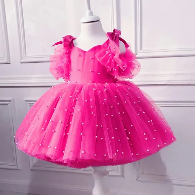 Pearl Mesh Design Tutu Christening Dress for Little Girls