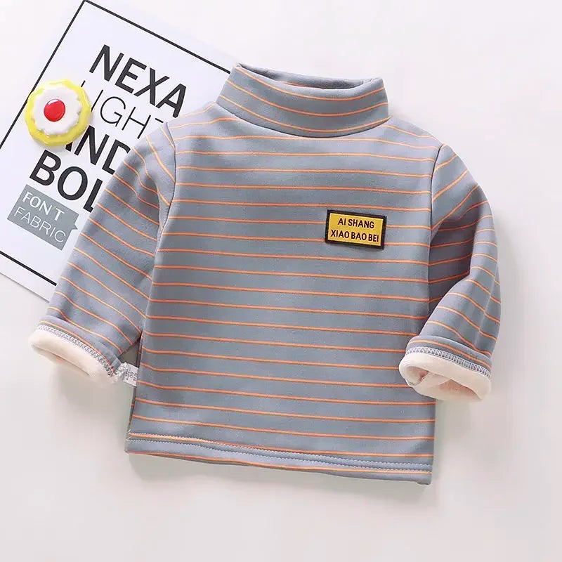 Kids Korean Style Turtleneck Striped Design Velvet Winter T-shirts childrensterritory