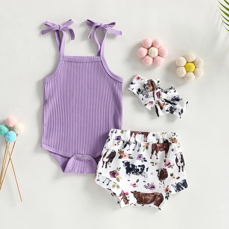 Baby Girl Sleeveless Romper and Print Shorts Set