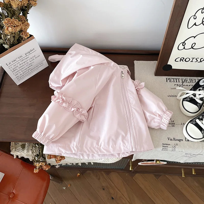 Cotton Long Sleeve Cute Cap Lace Zipper Design Outerwear For Girls childrensterritory