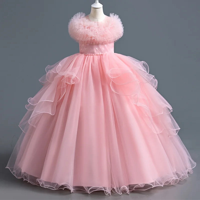 Kids Girls Long Fluffy Mesh Studded Grand Evening Party Dresses childrensterritory