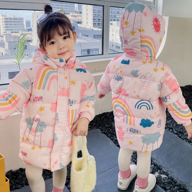 Kids Girls Boys Rainbow Print Down Hooded Jacket childrensterritory