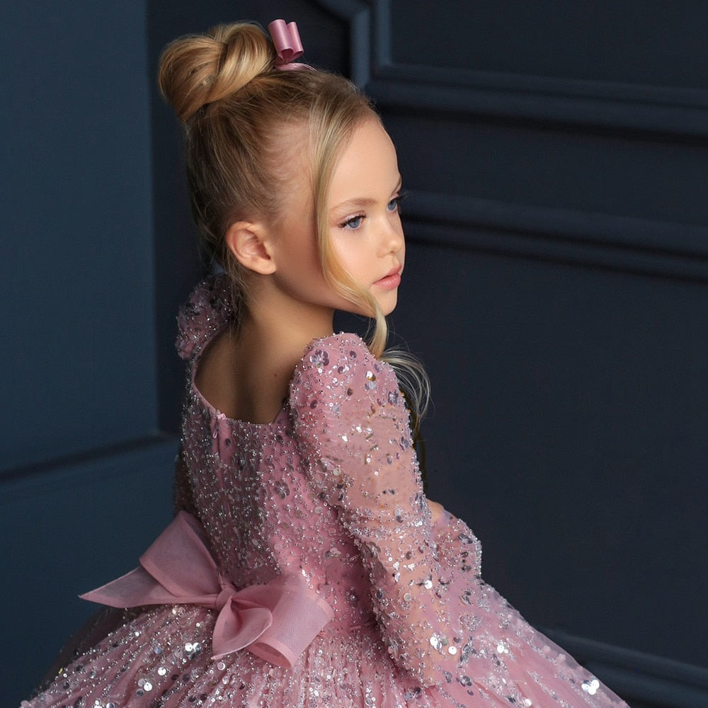 Kids Girls Layered Tulle Glitter Flower Dress with Big Bow childrensterritory