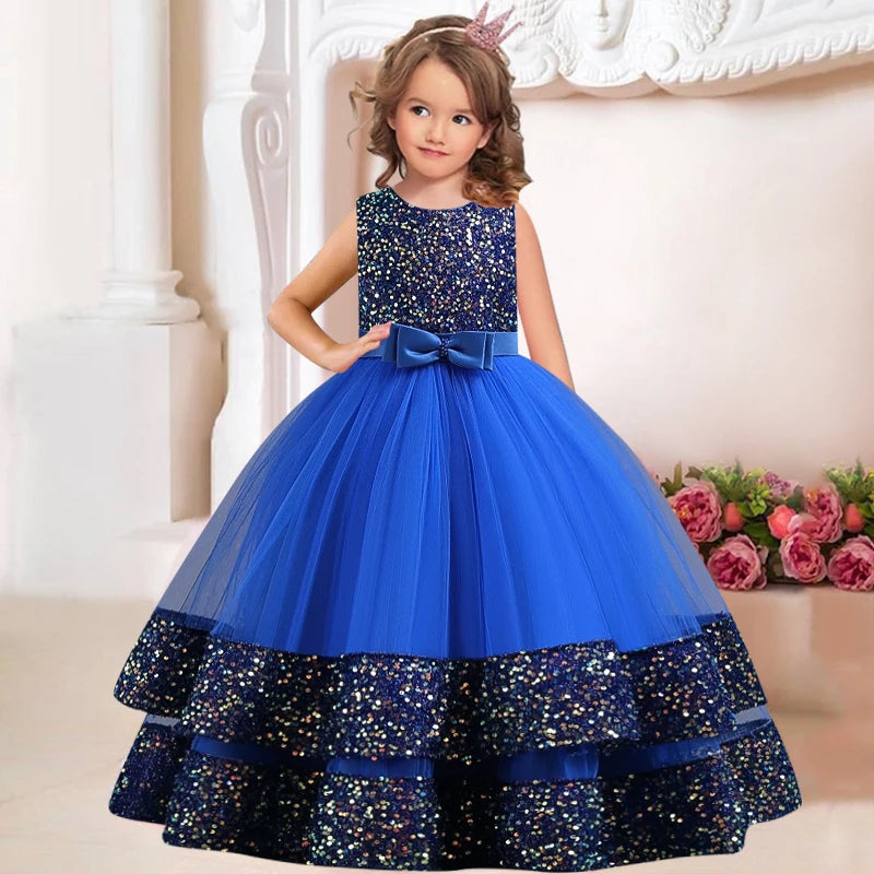 Sequins Bowknot Design Long Princess Dresses for Girls childrensterritory
