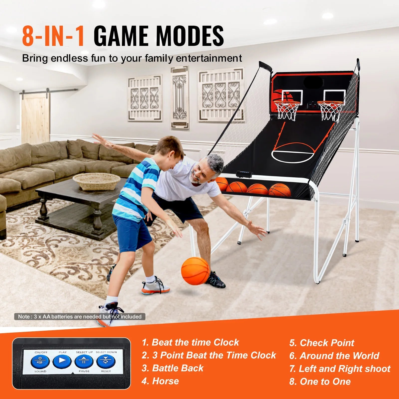 Kids Foldable Indoor Basketball Arcade Game w/ 4 Balls 8 Game Modes childrensterritory
