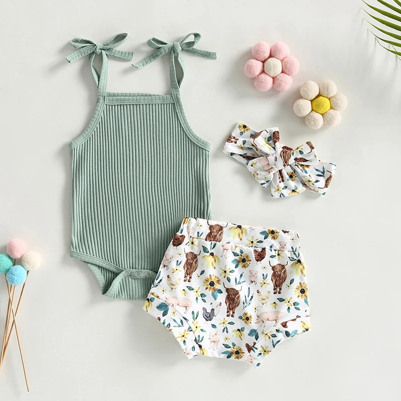 Baby Girl Sleeveless Romper and Print Shorts Set