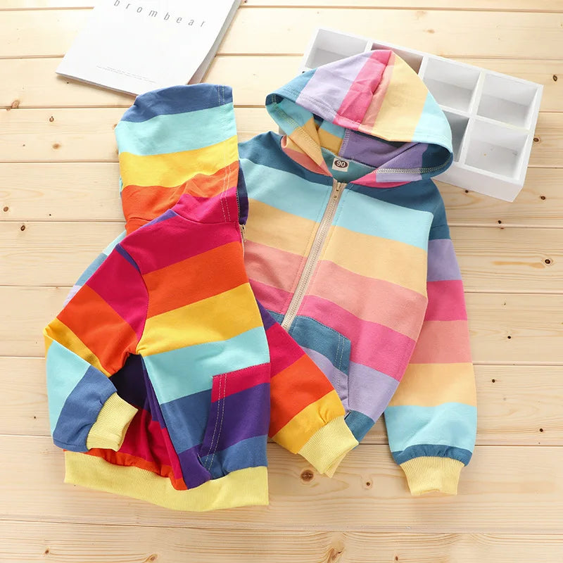 Kids Girls Rainbow Stripe Print Hooded Winter Jacket