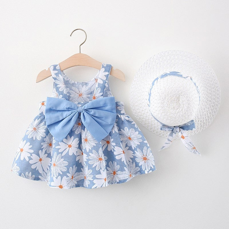 2pcs Daisy Print Baby Girl Beach Dress with Sun Hat childrensterritory