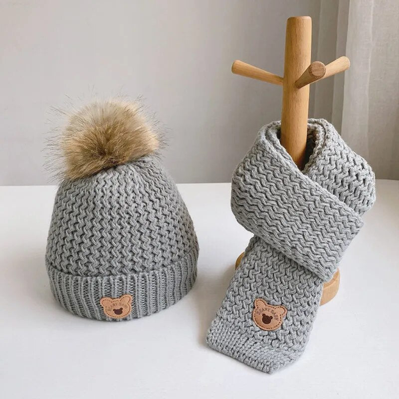 2Pcs Cute Bear Embroidery Baby Hats and Scarf Set childrensterritory