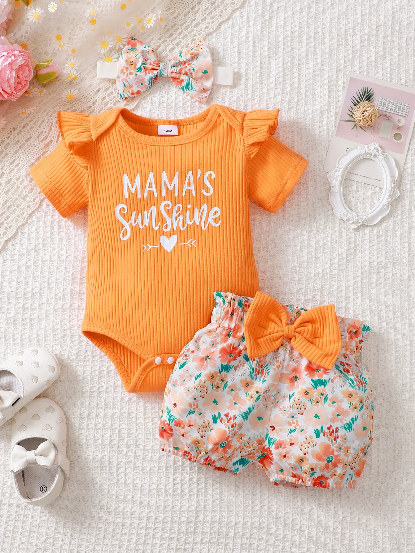 Newborn Baby Girl Three Piece Printed Cotton Outfit Set childrensterritory