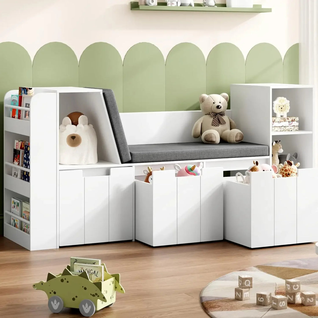 61.5" Kids Reading Nook with Double Bench and Bookshelf childrensterritory