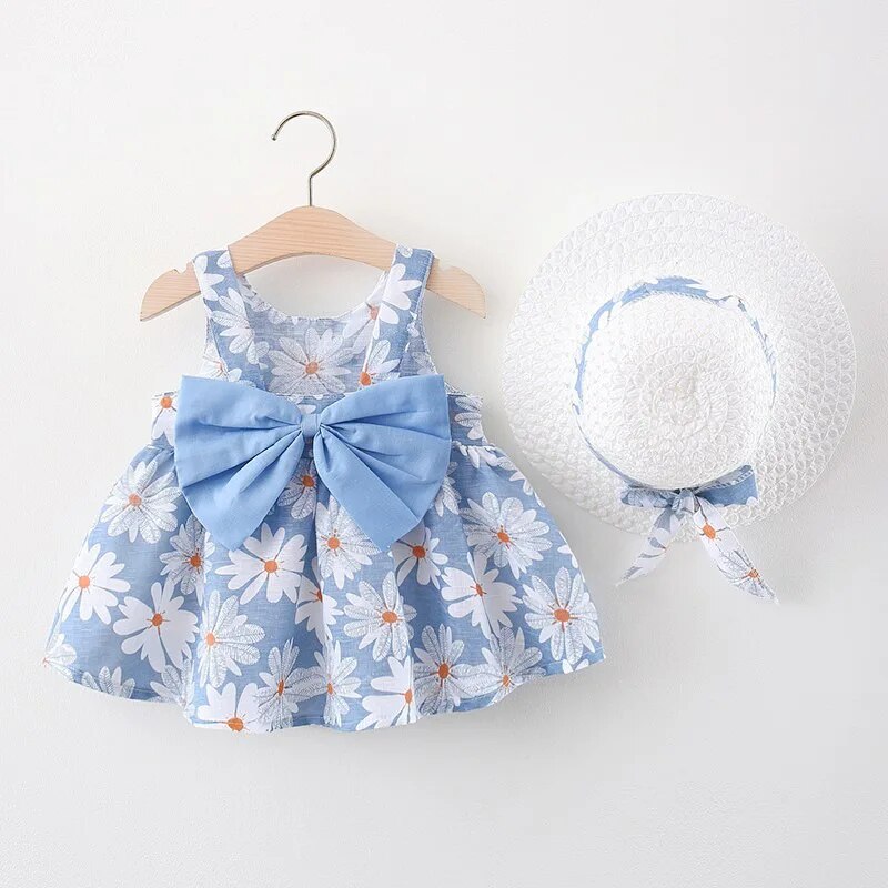 2pcs Daisy Print Baby Girl Beach Dress with Sun Hat childrensterritory