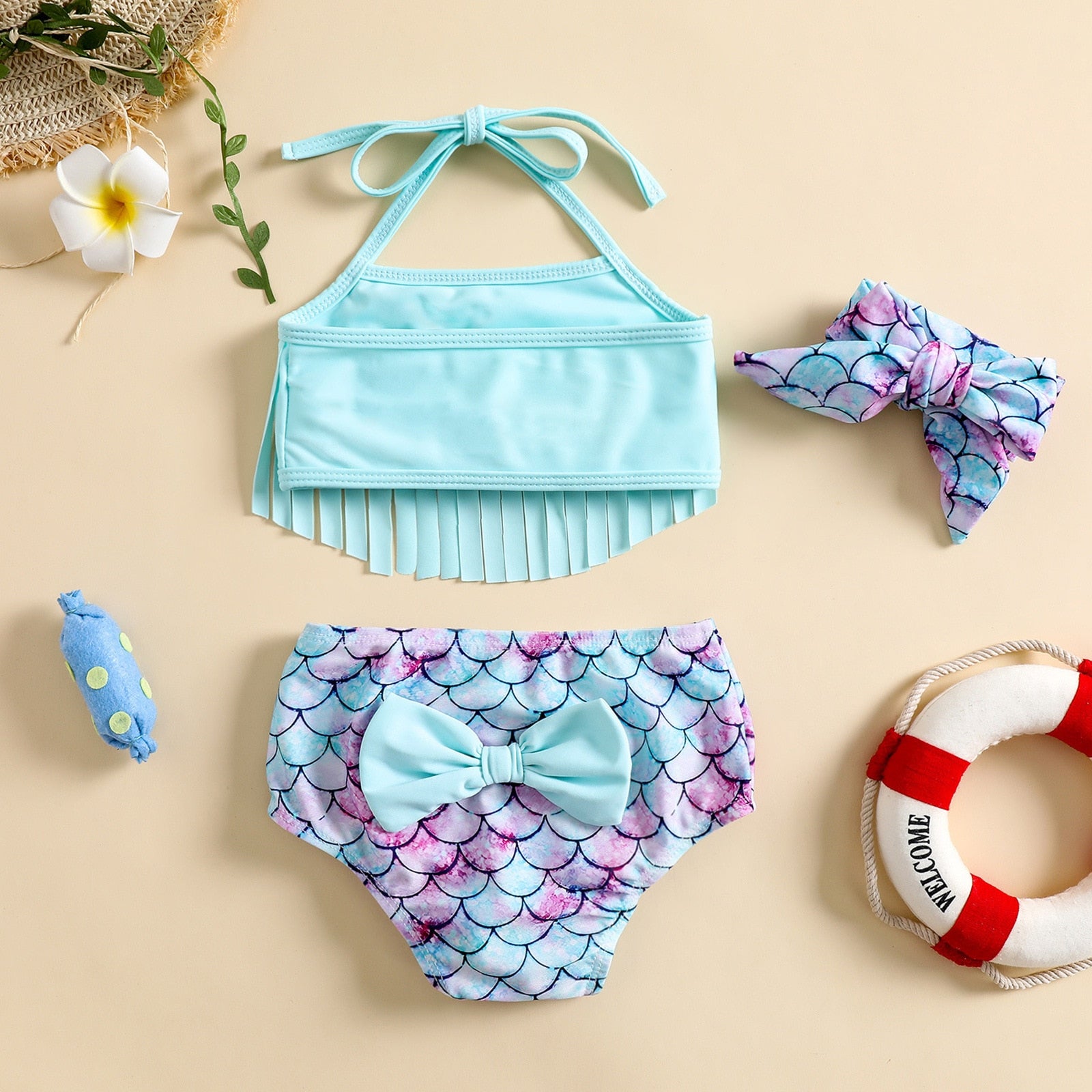 Baby Girl Halter Tassel Tops + Printed Bottom and Headband Set childrensterritory