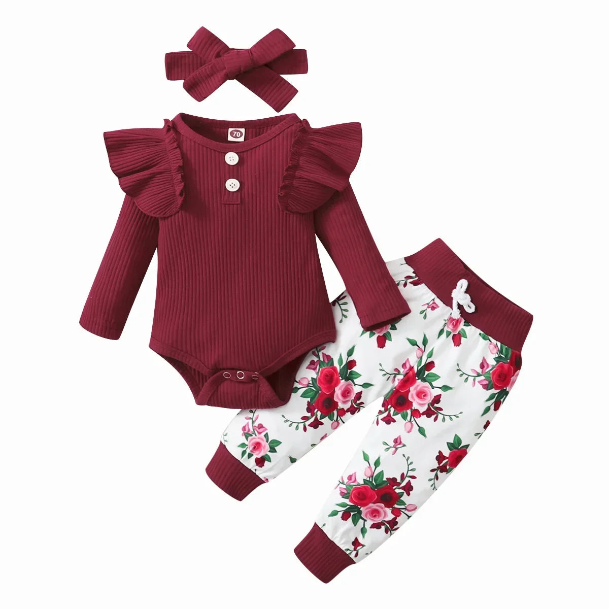 3Pcs Newborn Girl Bodysuit, Bow, Floral Pants Clothing Set childrensterritory