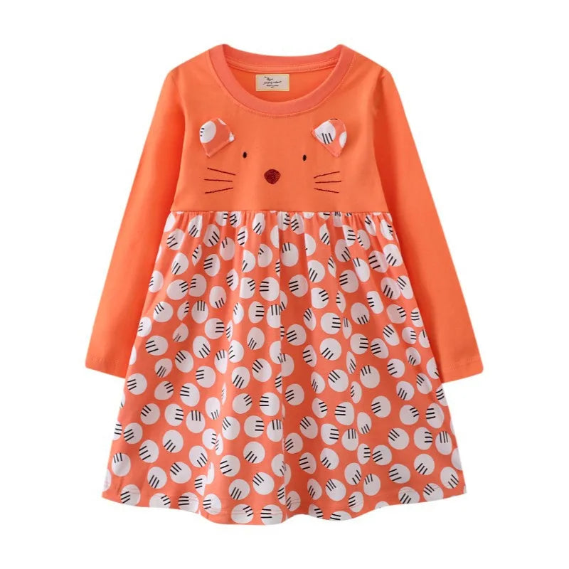 Kids Girls Cute Animals Design Long Sleeve Warm Dresses