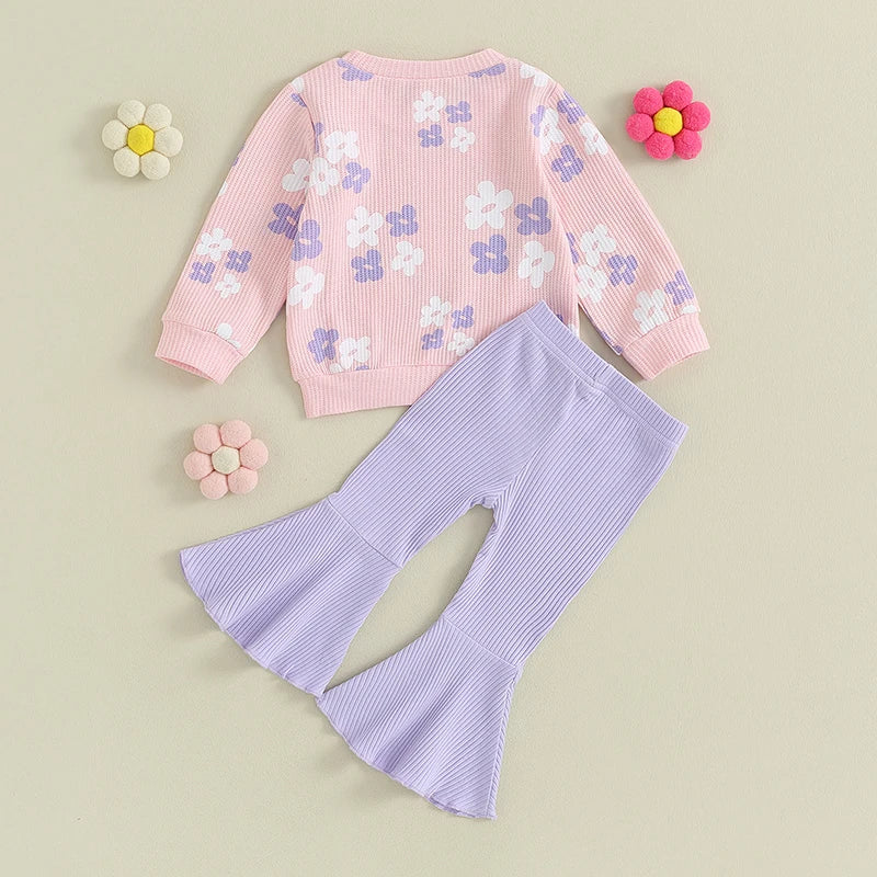 Floral Print Tops with Flare Pants Fall Clothing Set for Girls childrensterritory
