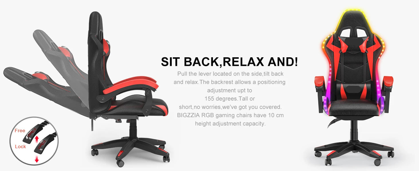 Reclining PU Leather Gaming Chair with LED Lights childrensterritory