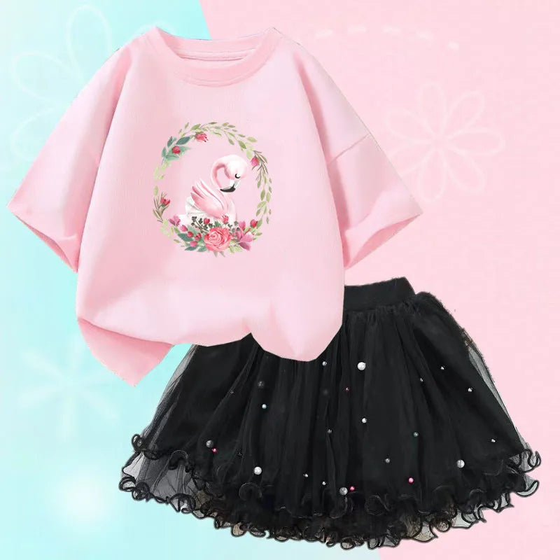 Kids Girls Flamingo T-Shirt & Mesh Skirt Pretty Outfits childrensterritory
