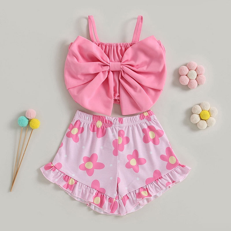 Kids Girl 2Pcs Big Bow Vest Top and Striped Floral Shorts Outfit childrensterritory