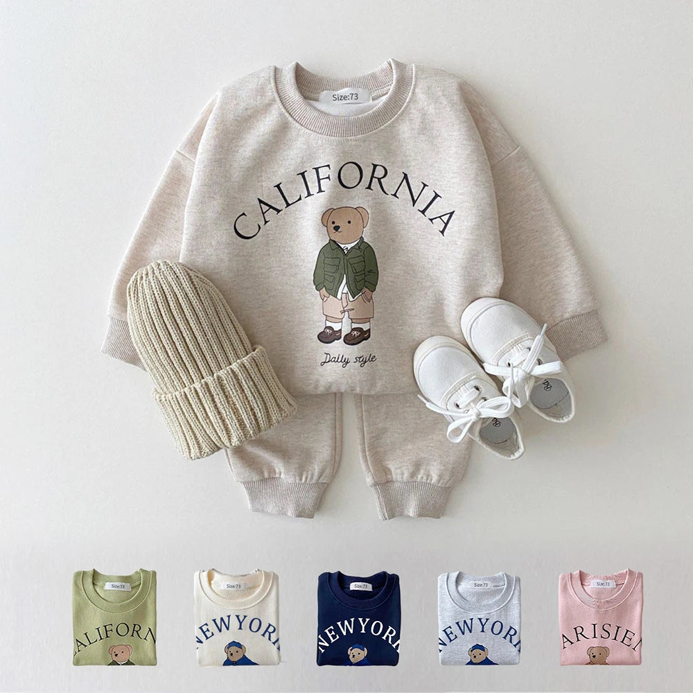 Baby Boys/Girls Letter Bear Casual Hoodie+Pants Suit