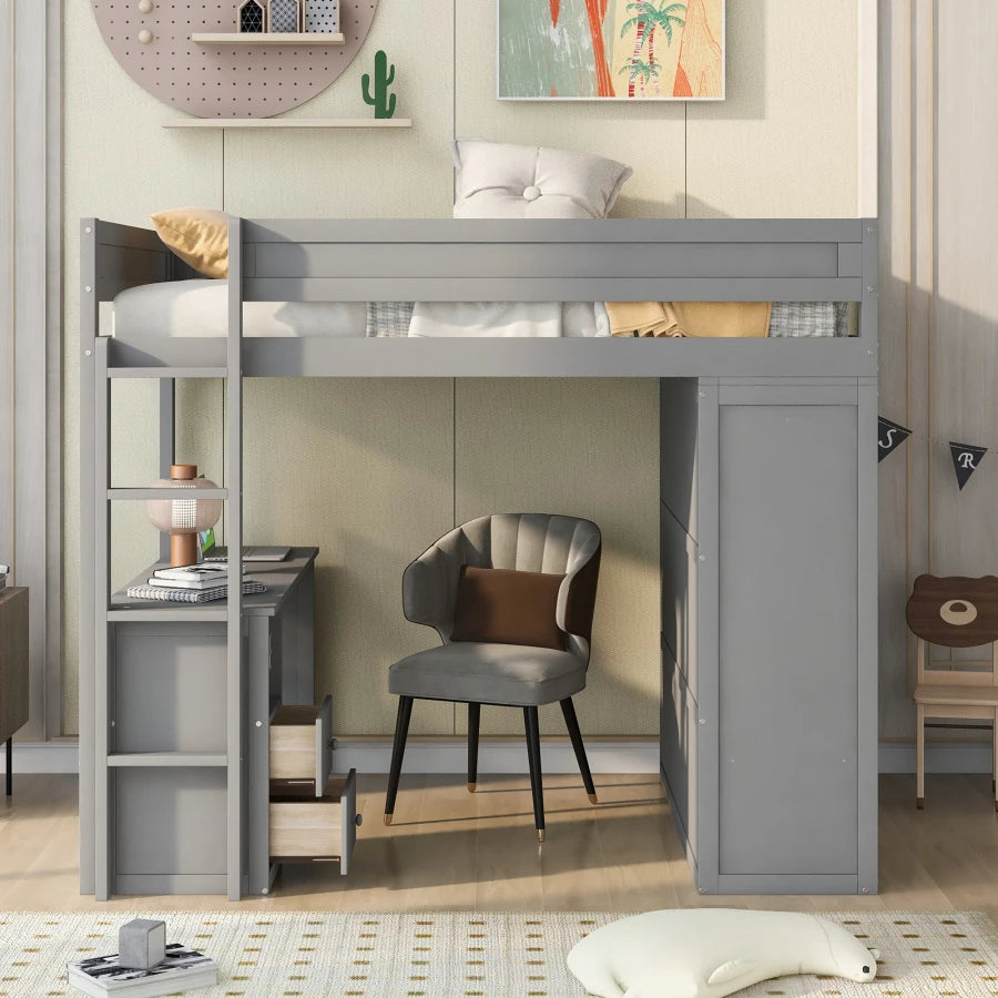 Full-size Loft Bed with Closets and Two-Drawer Desk with Cabinet childrensterritory