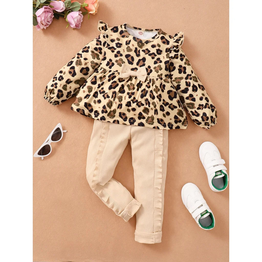 Kids Girls Clothes Set/Leopard Print Top + Pants Set