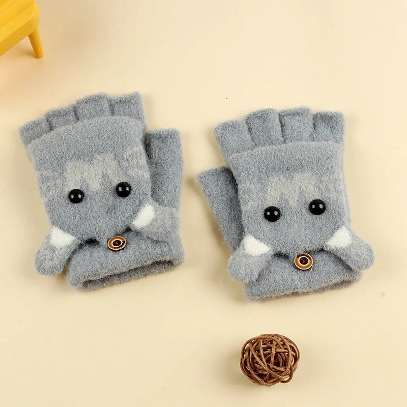 Kids Cartoon Design Furry Coral Fleece Short Gloves Mittens childrensterritory