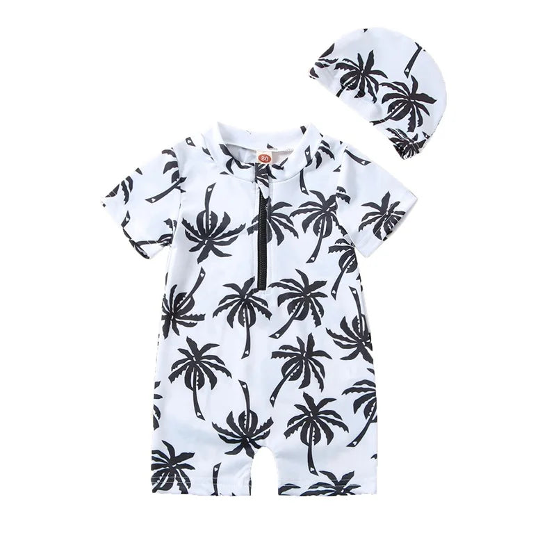 Tropical Tree Print Toddler Girls Boys Zipper Swimwear