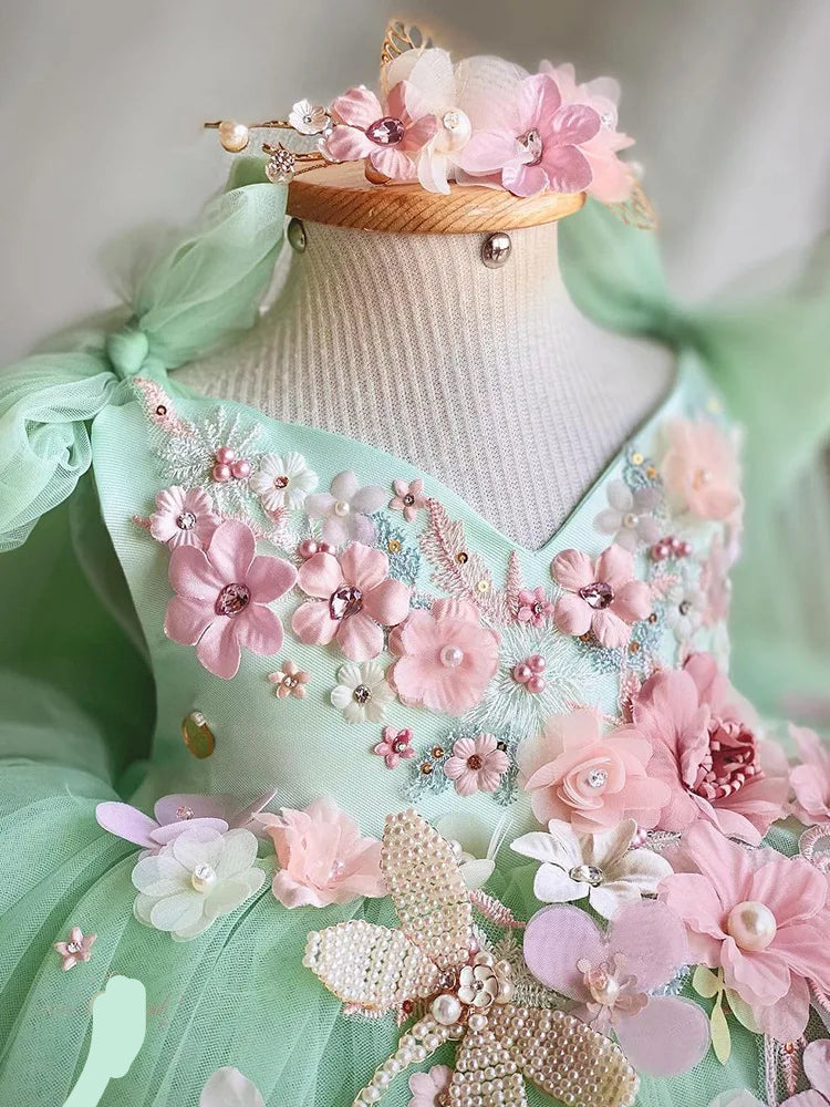 Flower Embroidery Bow-Backed Design Little Girls&