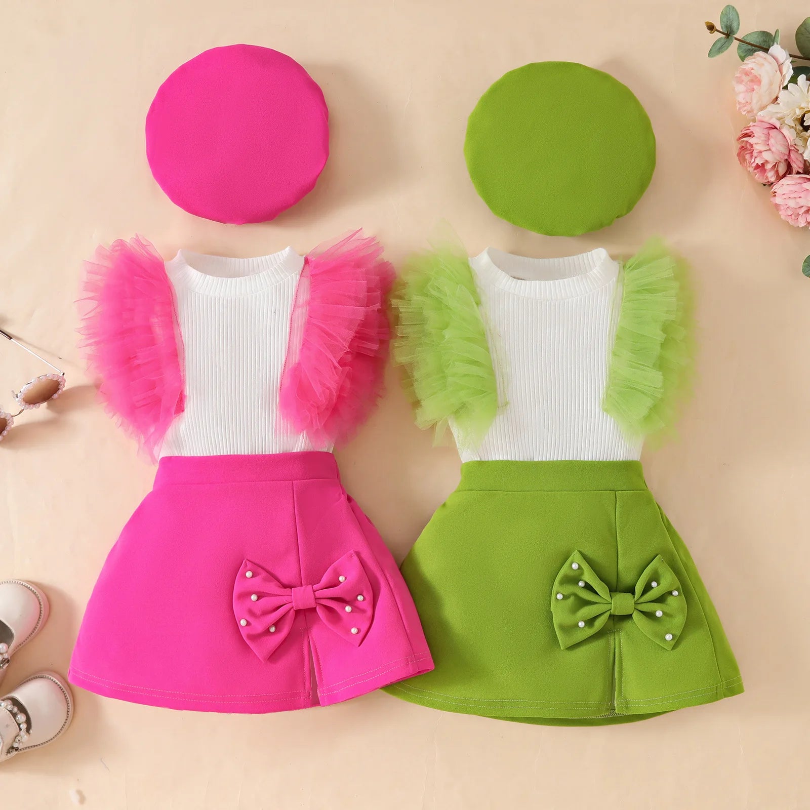 Baby Girls 3Pcs Cute Top+Bow Skirt+Beret Summer Outfit childrensterritory