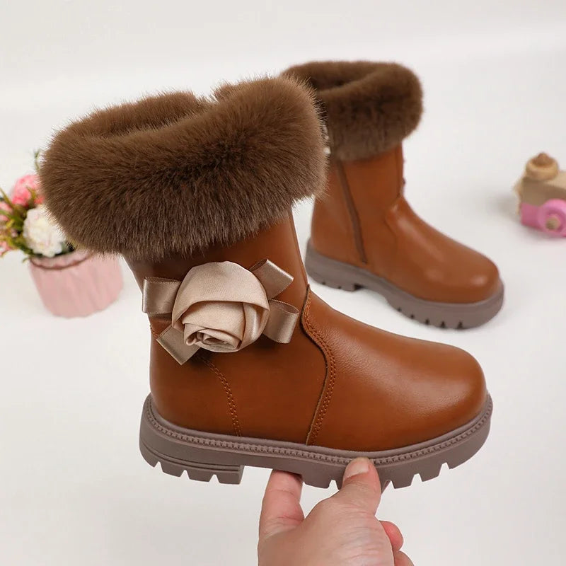 Princess Girls Zipper Flower Design Warm Fur Boots childrensterritory