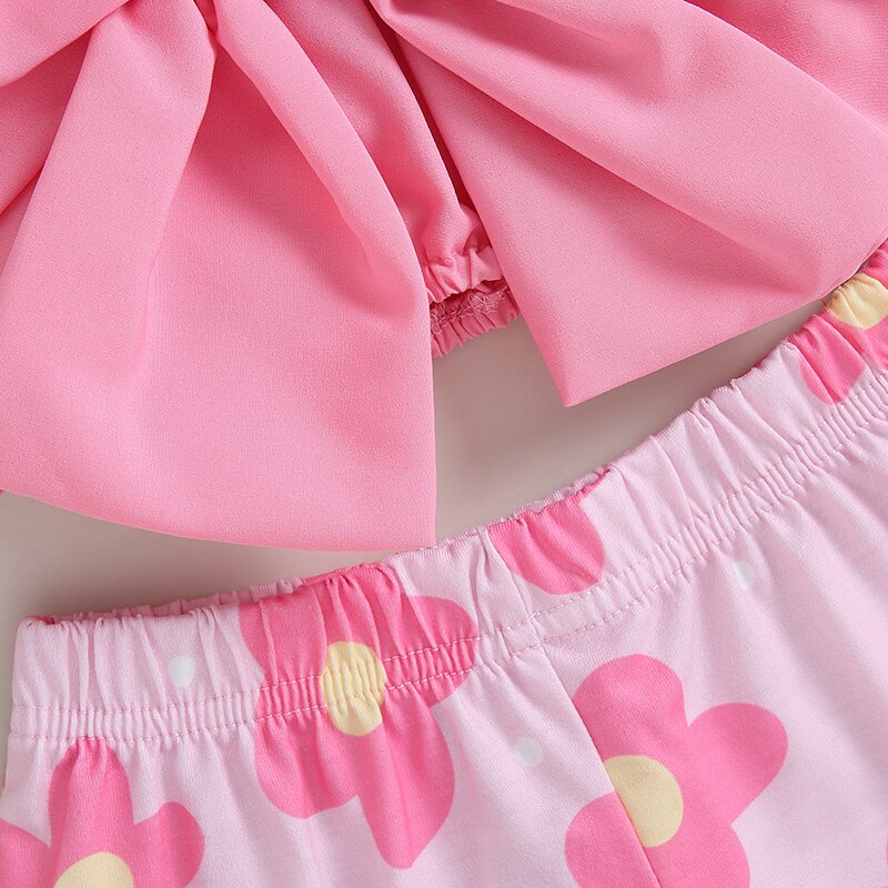 Kids Girl 2Pcs Big Bow Vest Top and Striped Floral Shorts Outfit childrensterritory