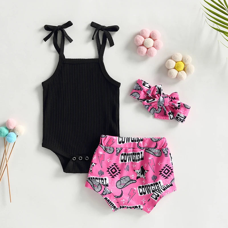 Baby Girl Sleeveless Romper and Print Shorts Set