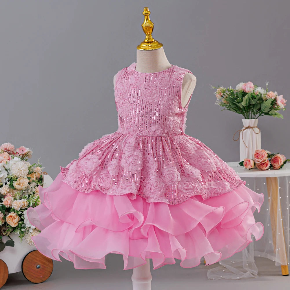 Sleeveless Fluffy Floral Birthday Party Dresses For Girls