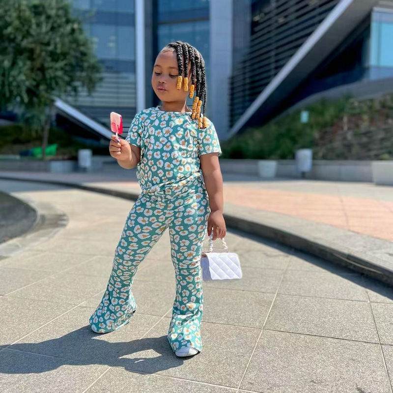 Kids Girls Daisy Green Tops + Flared Pant Boutique Outfits childrensterritory