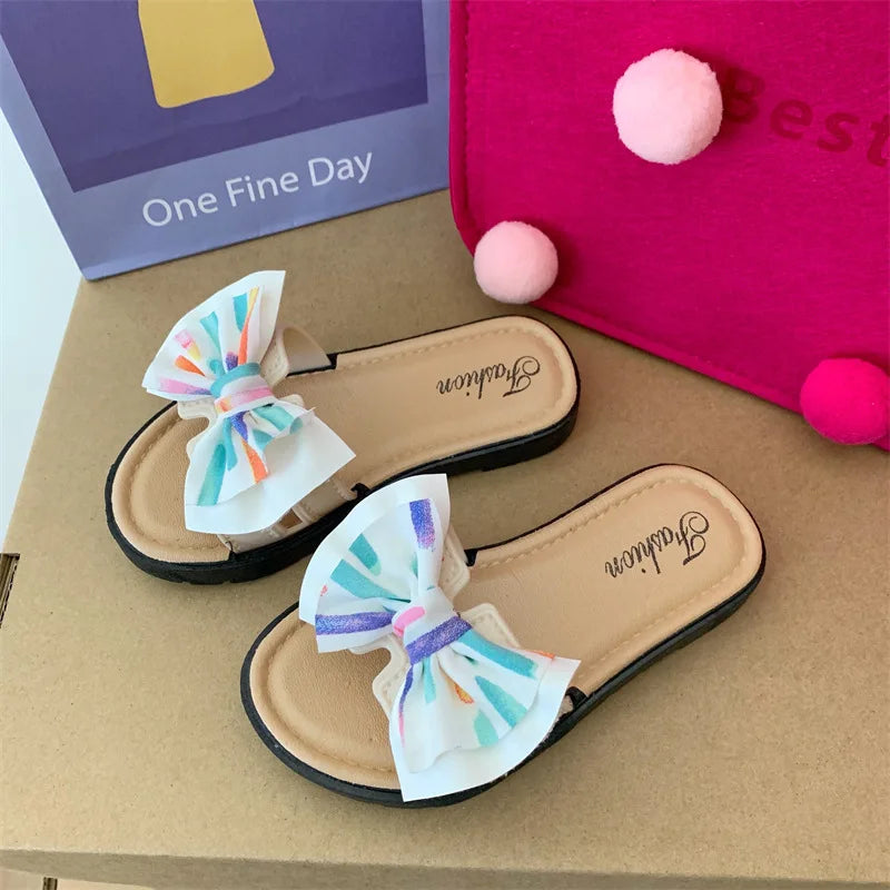 Open-toe Bow Decor Casual Kids Girls Slippers for Indoor/Outdoor