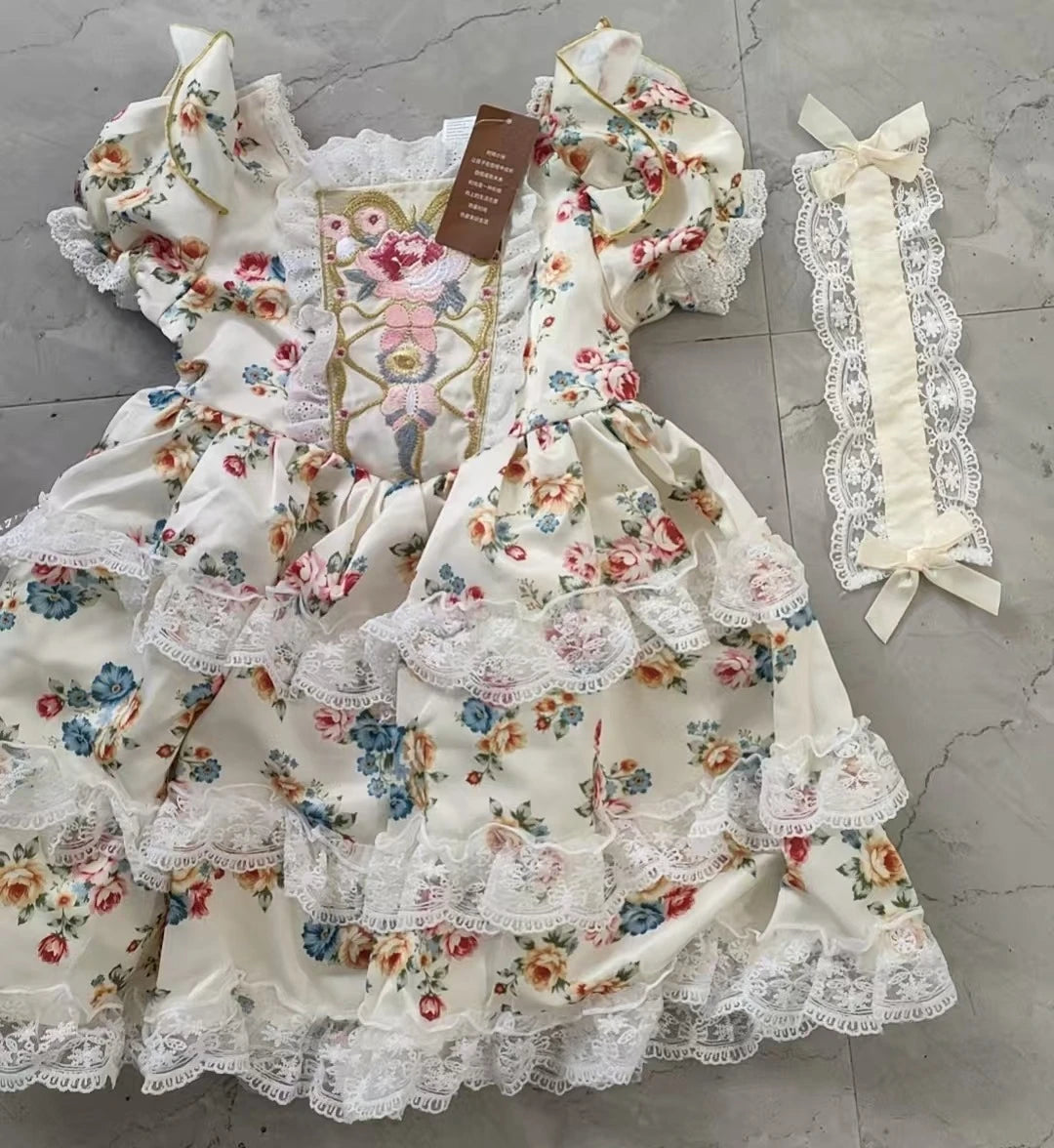 Kids Girls Floral Print Lace Patchwork Summer Princess Dress