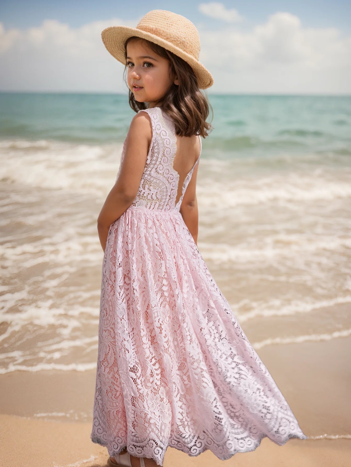 Solid Lace Design Long Wedding Flower Girl Cotton Dresses