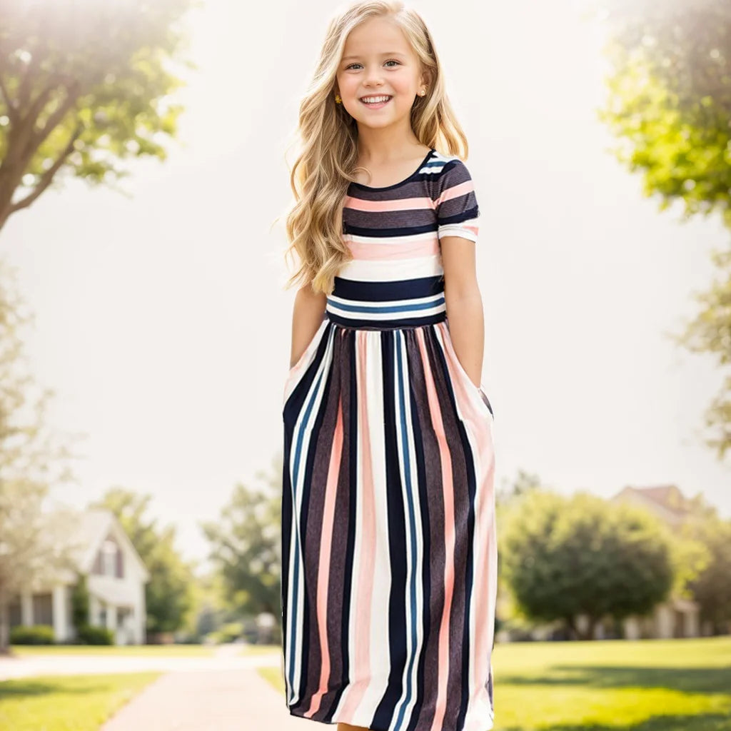 Striped Print Design Casual Summer Long Dress For Baby Girls childrensterritory