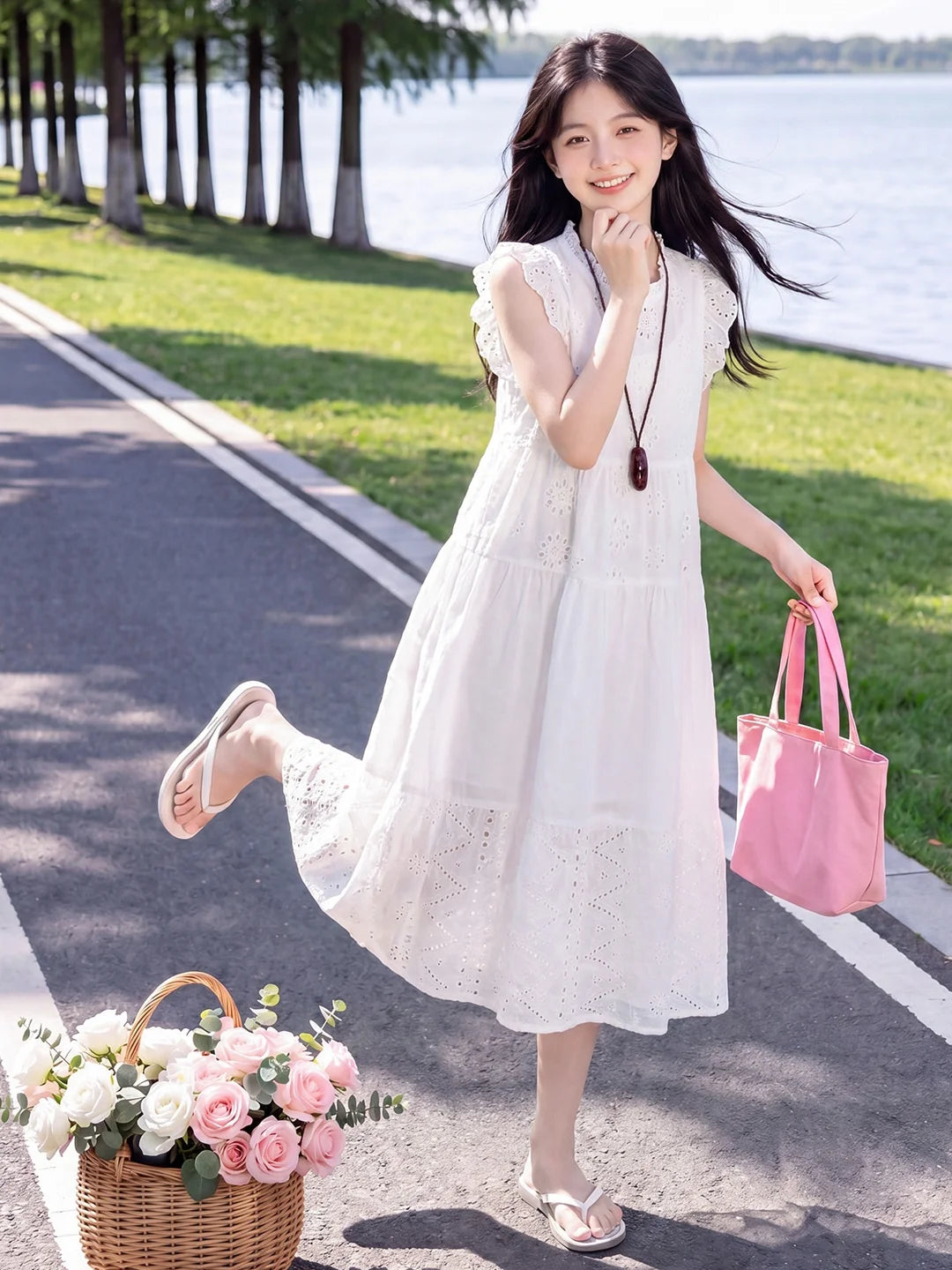 Young Girls Floral Embroidery Summer Party Dress