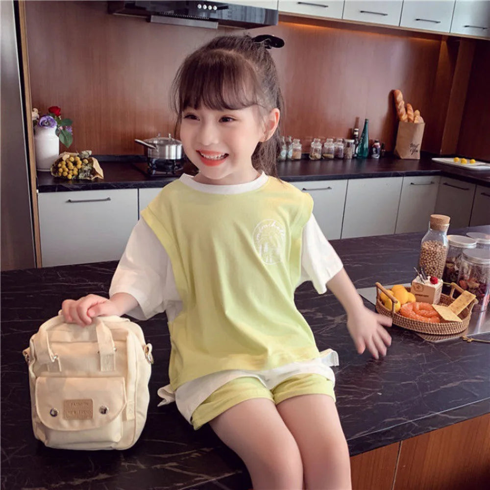 Kids Girls Patchwork Tops & Shorts Casual Clothing Set childrensterritory