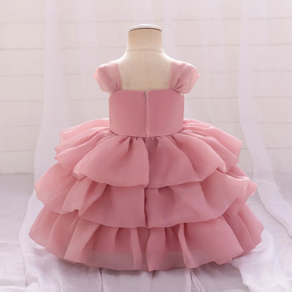 Elegant 3D Rose Flower Tiered Design Baby Christening Dresses