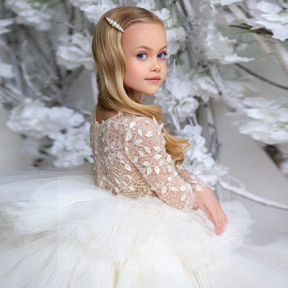 Baby/Kids Girls White V Neck Puffy Beading Tulle Dress childrensterritory