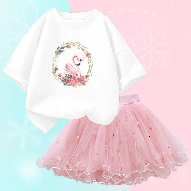Kids Girls Flamingo T-Shirt & Mesh Skirt Pretty Outfits childrensterritory